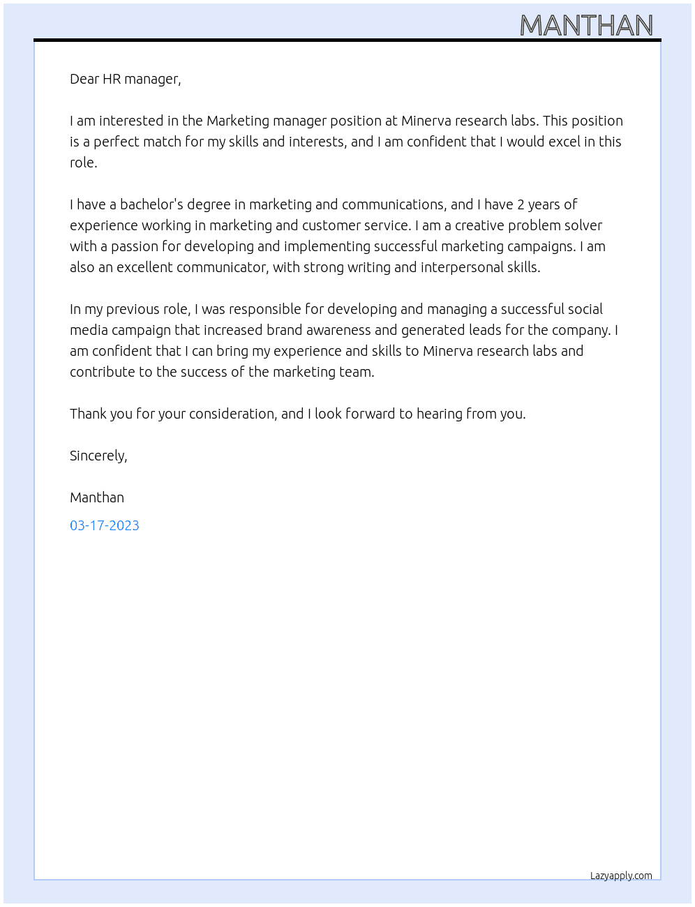 Marketing manager  At Minerva research labs Cover Letter