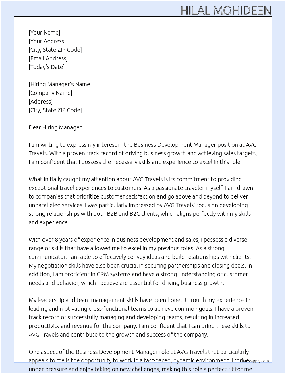 Business Development Manager At AVG Travels Cover Letter