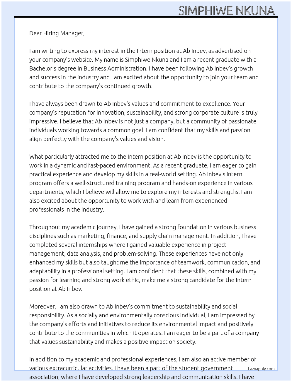 Intern  At Ab Inbev Cover Letter