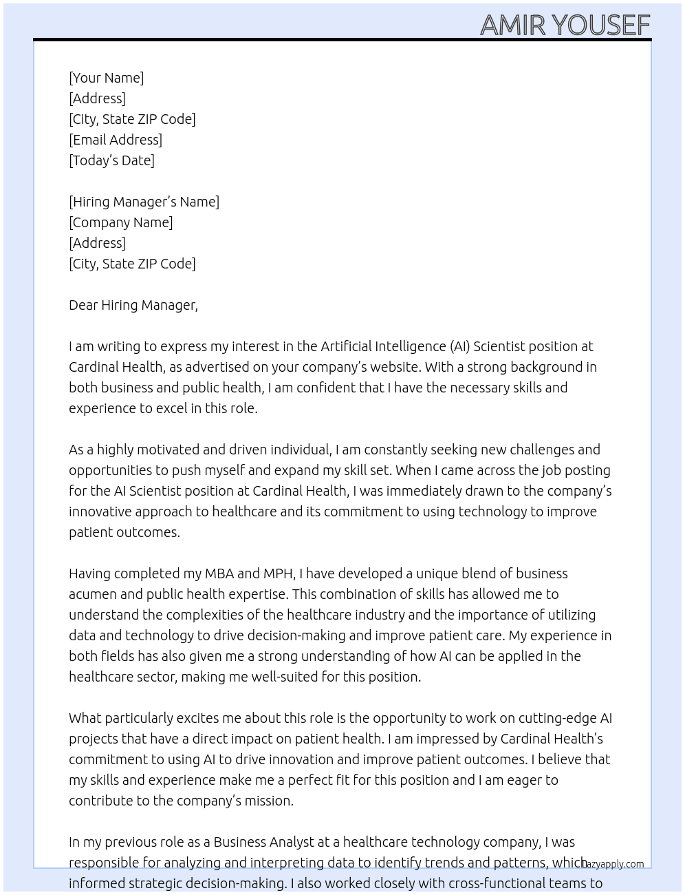 Artificial Intelligence (AI) Scientist  At Cardinal Health Cover Letter
