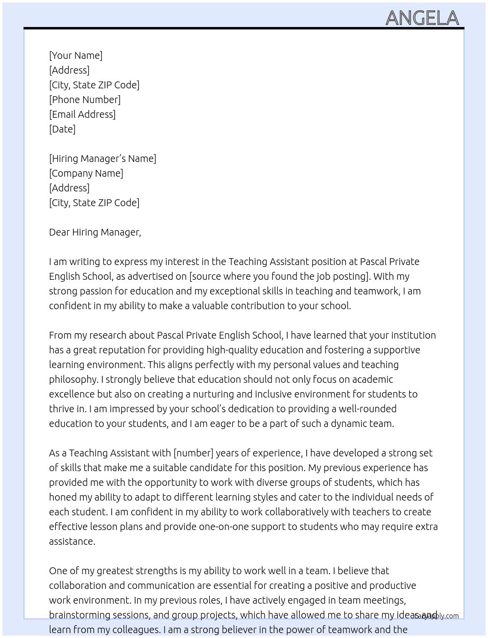 Teaching assistant  At Pascal private English school  Cover Letter