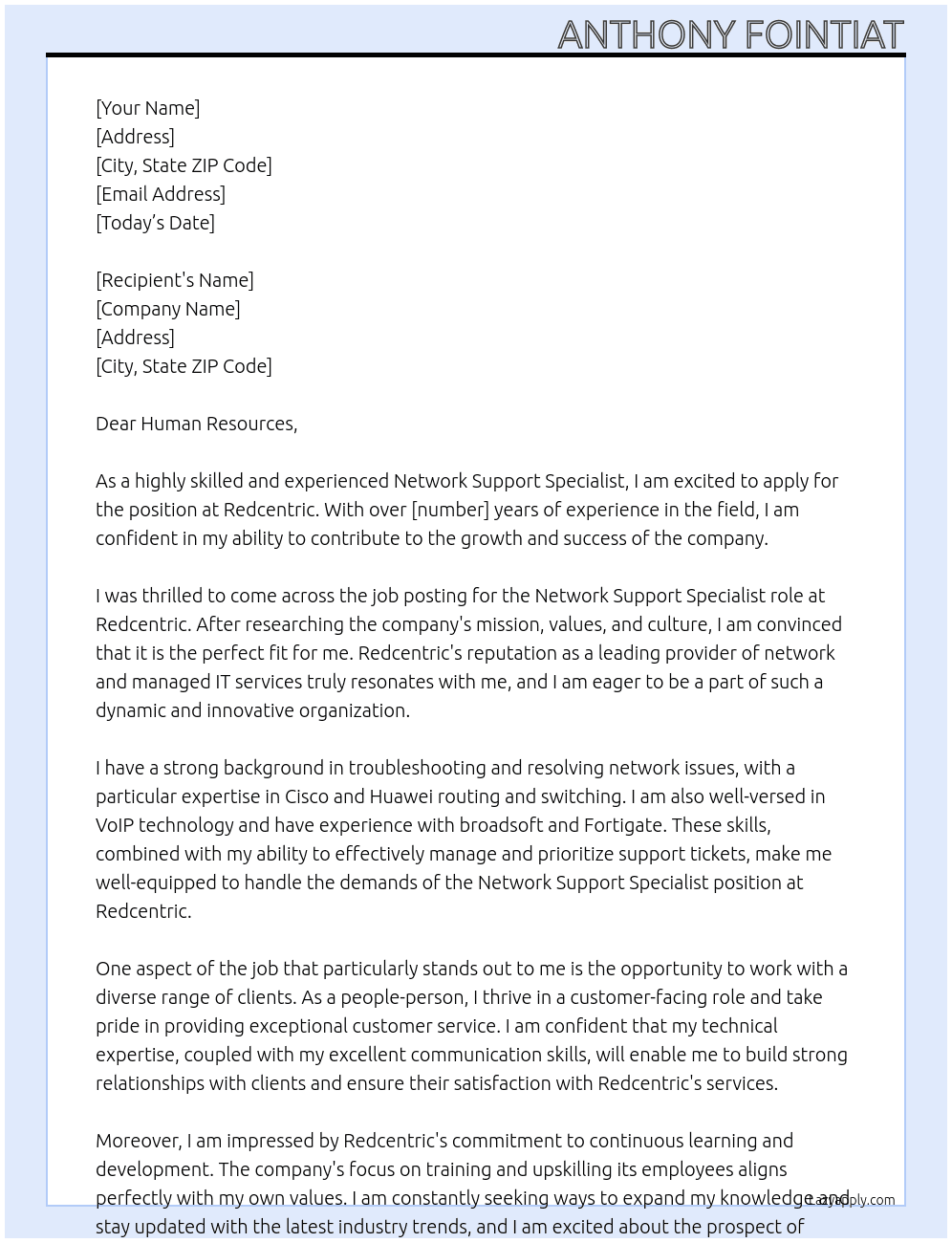 network support specialist At Redcentric Cover Letter