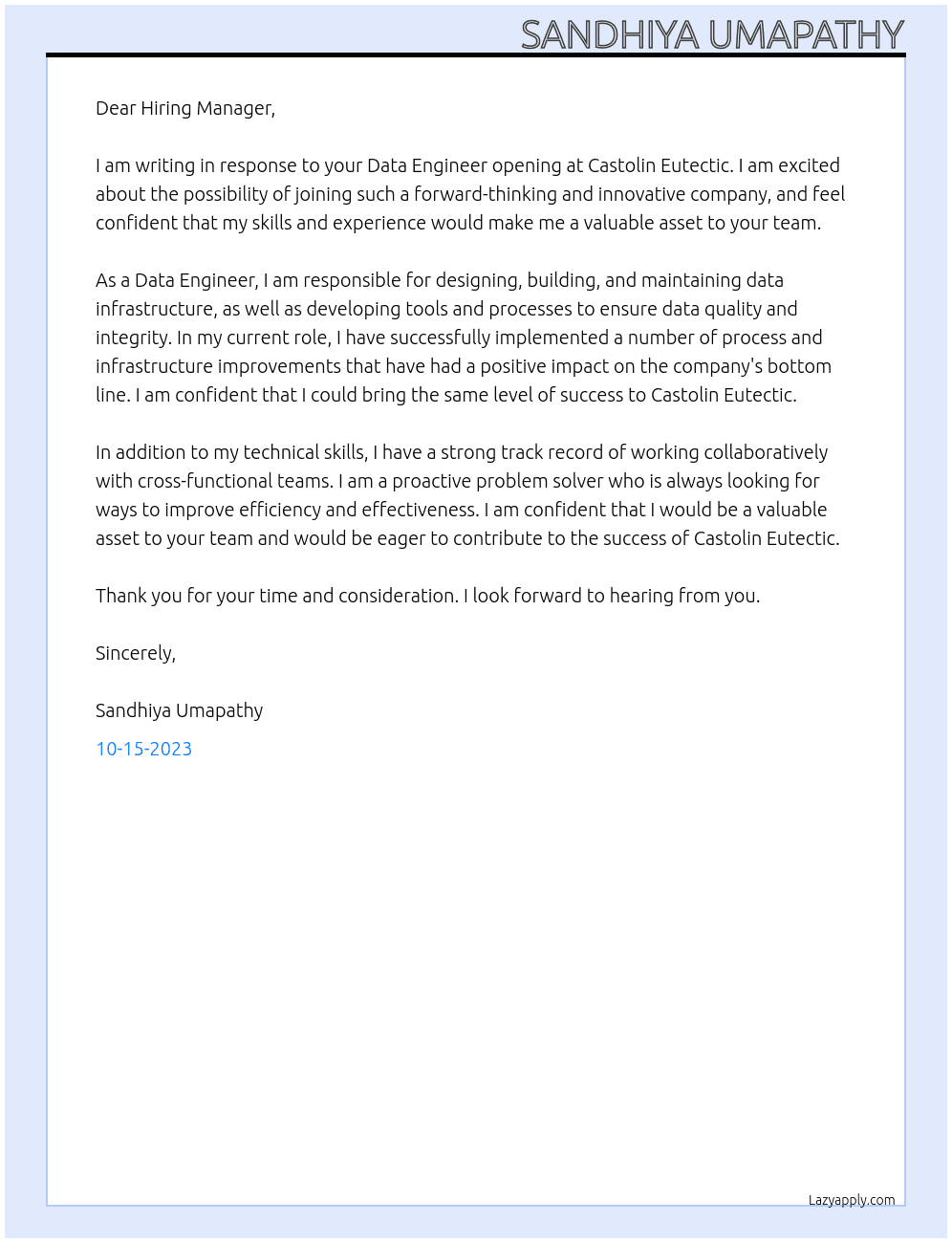 Data Engineer At Castolin Eutectic Cover Letter