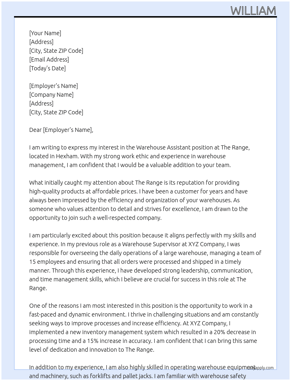 Warehouse Assistant At The Range Cover Letter