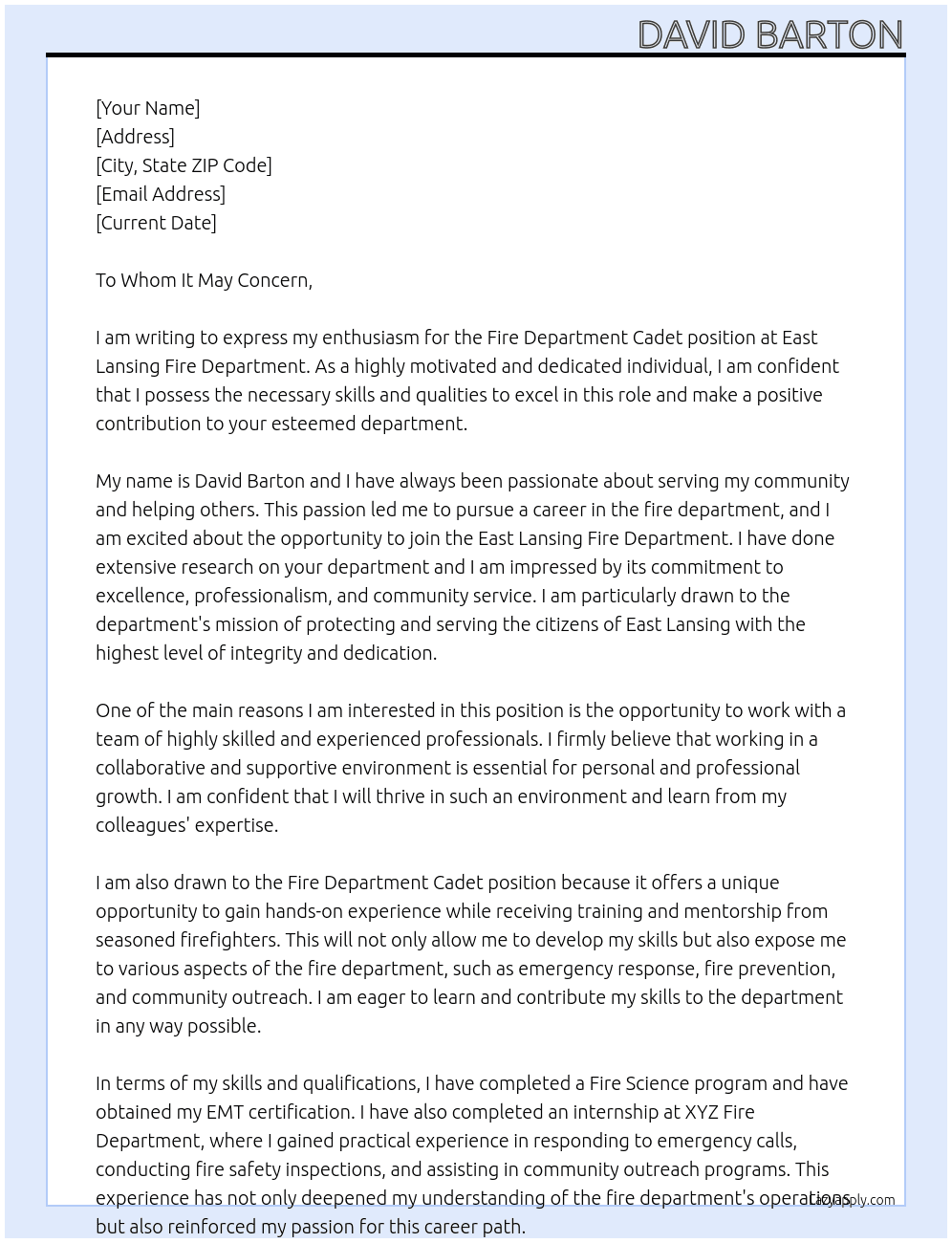 Fire Department Cadet At East Lansing Fire Department Cover Letter
