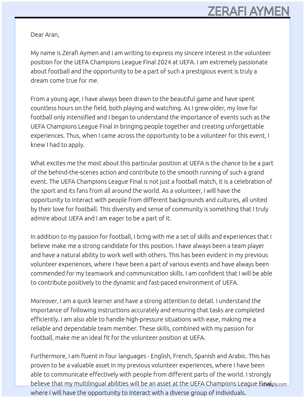 UEFA Champions League Final 2024: Volunteer  At uefa Cover Letter