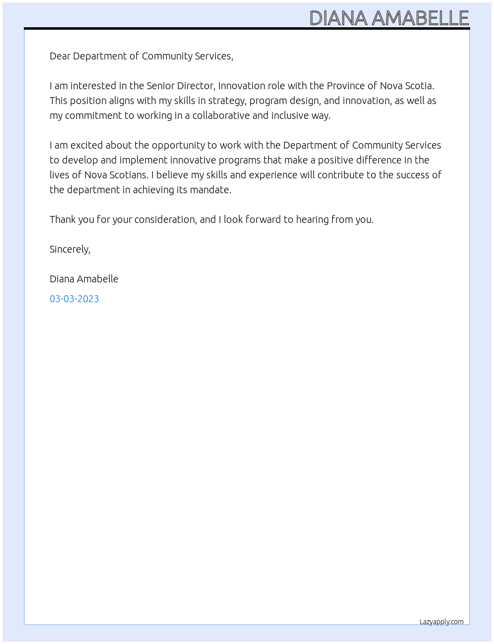 Senior Director, Innovation At Province of Nova Scotia Cover Letter