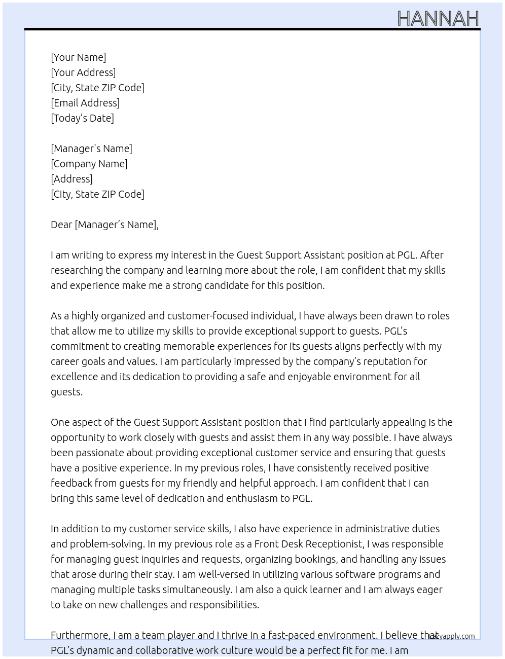 Guest Support Assistant At PGL Cover Letter