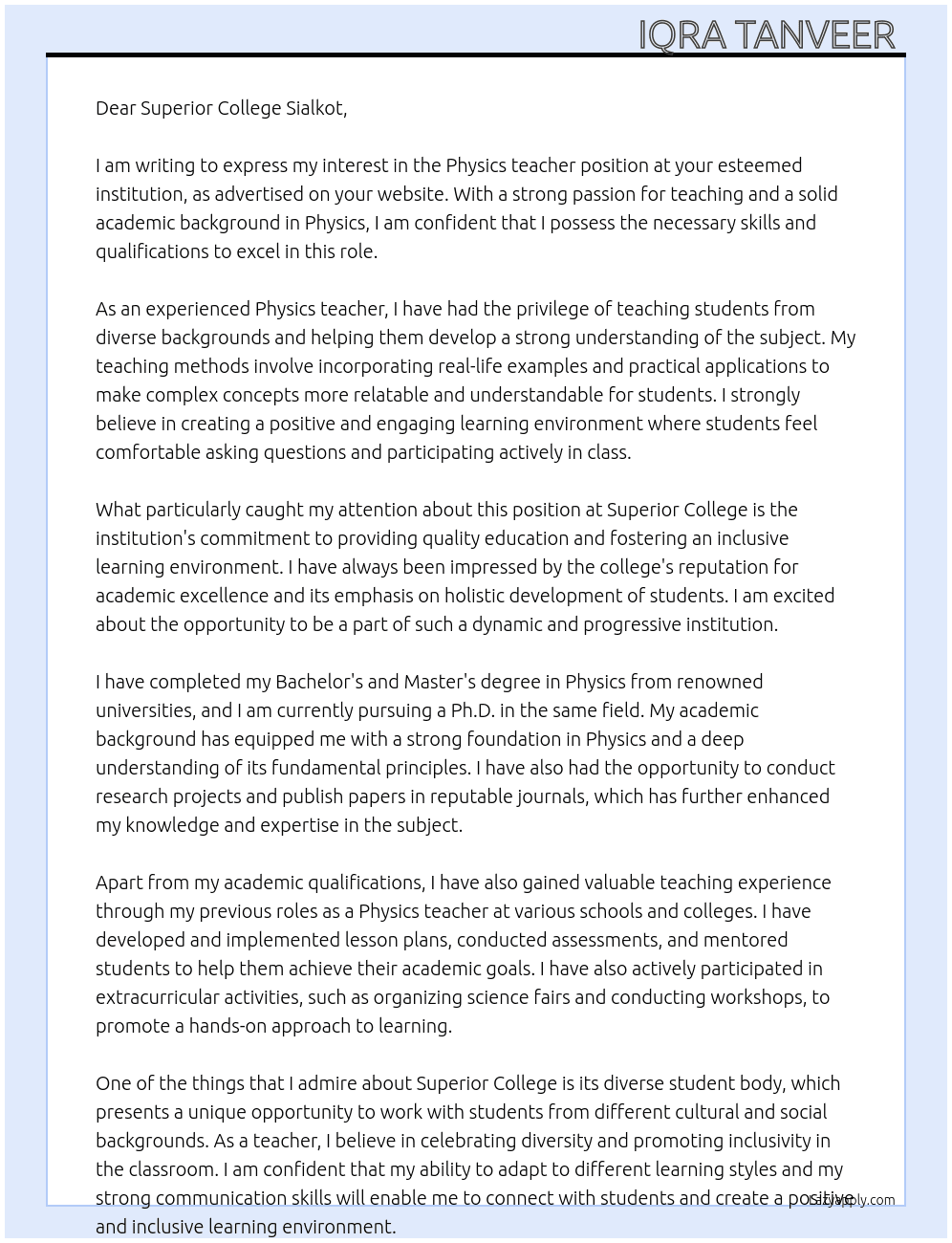 Physics teacher  At Superior College Sialkot  Cover Letter