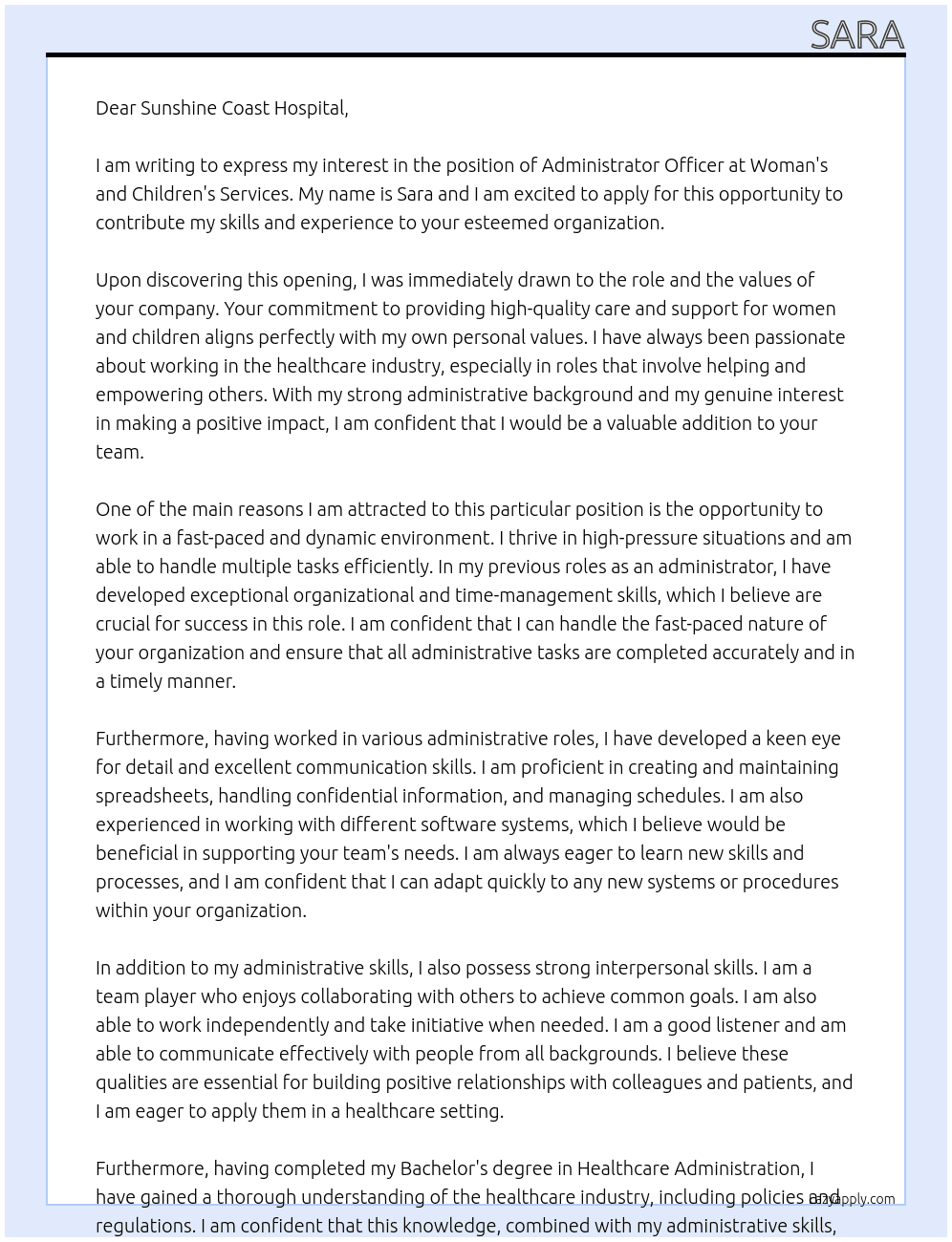 administrator officer At Woman's and children's services Cover Letter