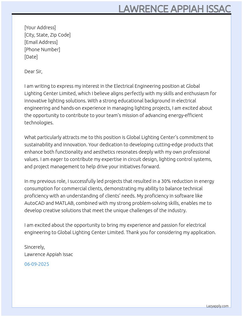electrical engineering At Global lighting Center limited  Cover Letter