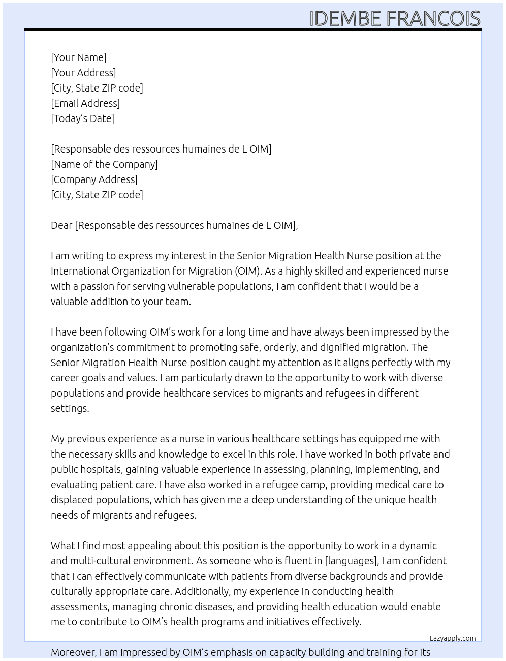 SENIOR MIGRATION HEALTH NURSE At OIM Cover Letter