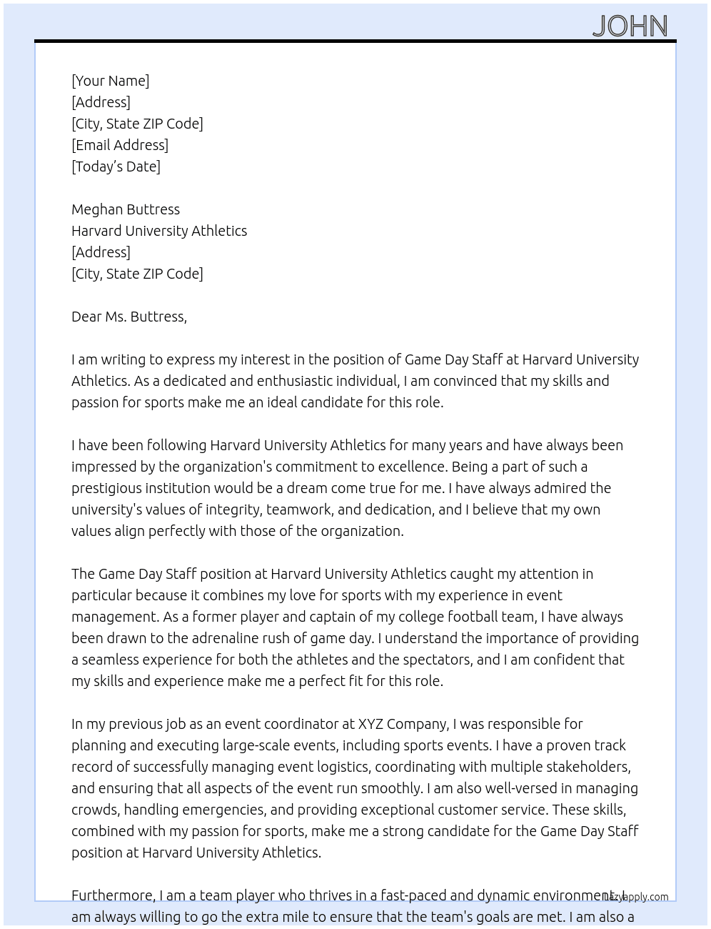 Cover letter for game day staff - LazyApply
