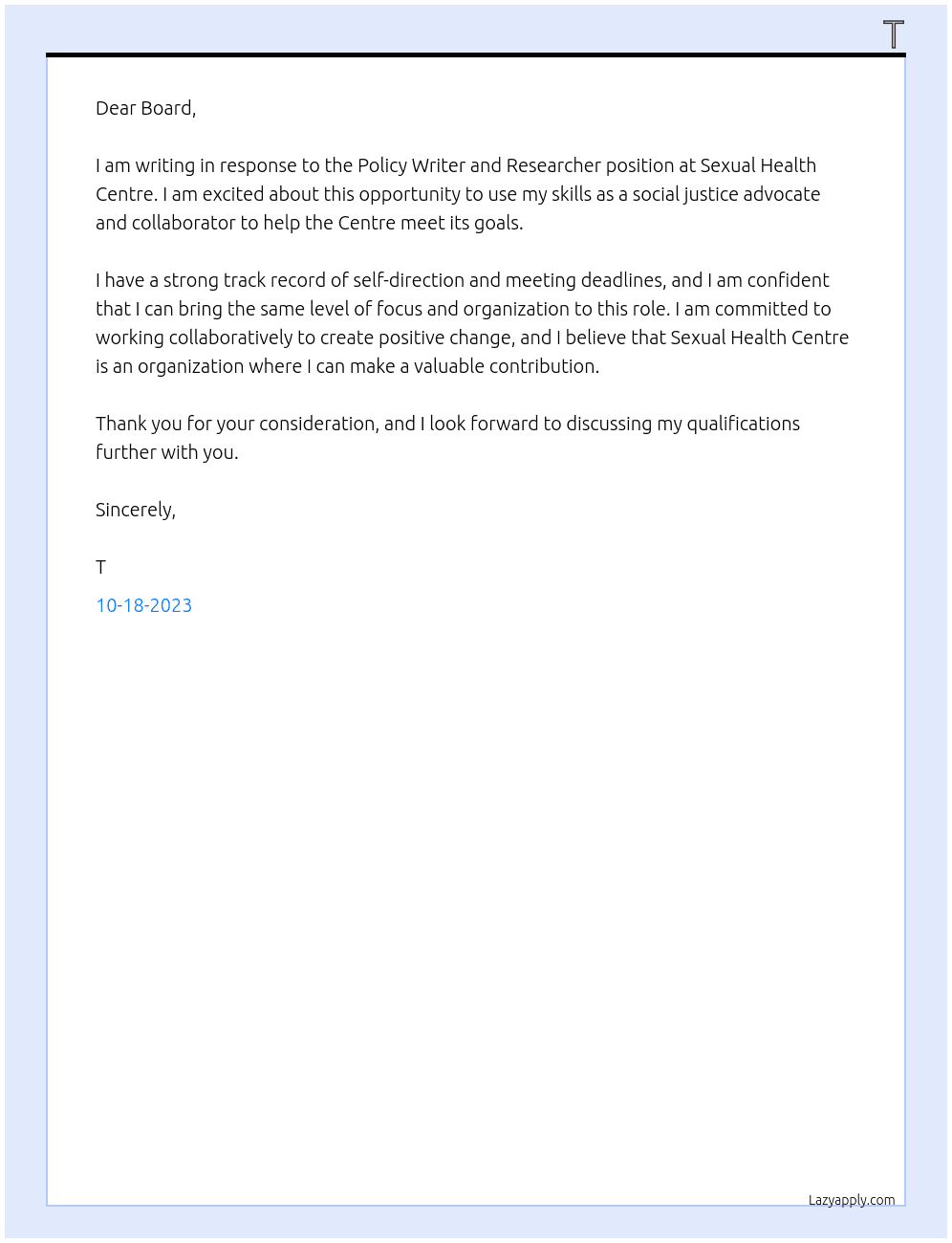 Policy Writer and Researcher At Sexual Health Centre Cover Letter