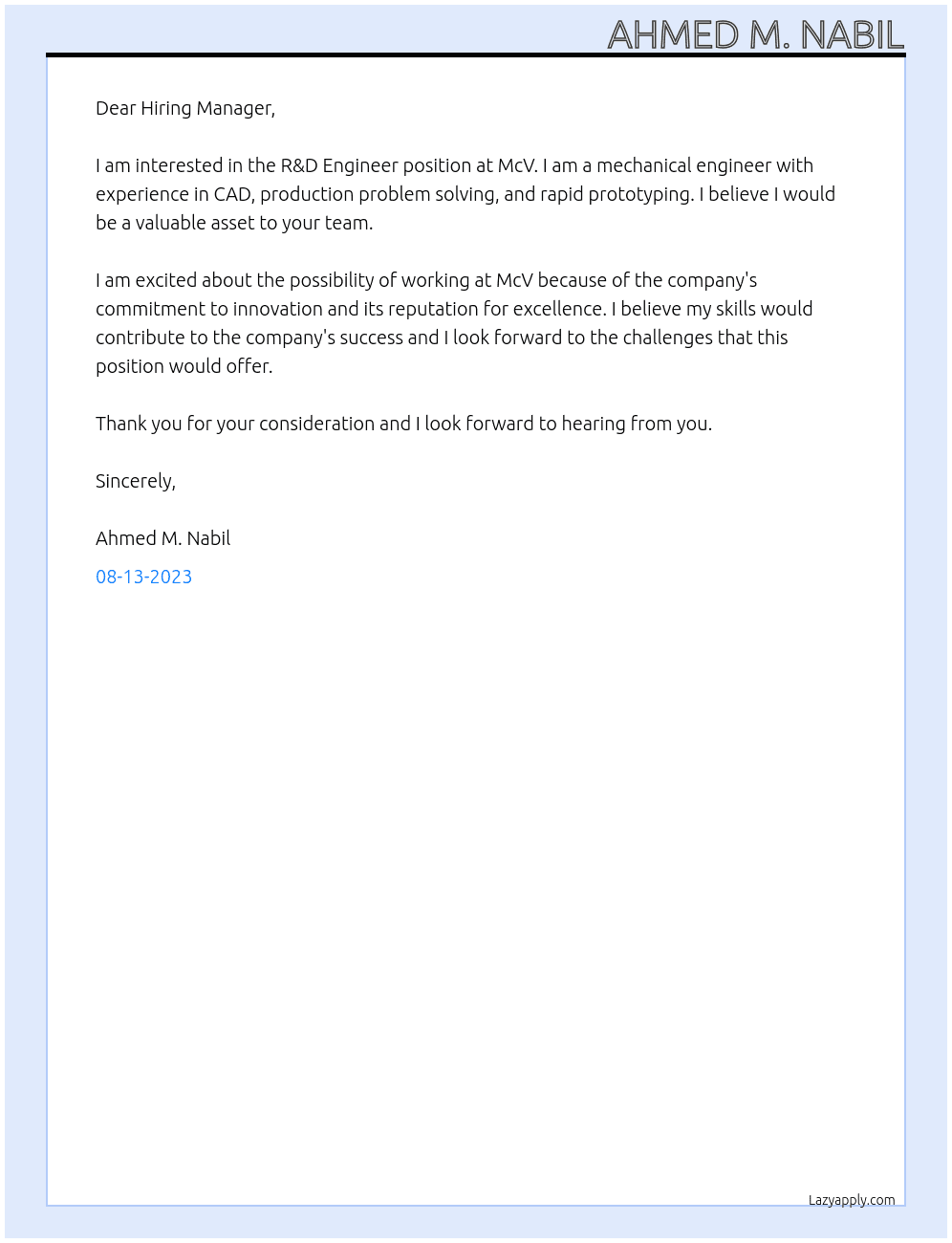 R&d engineer  At Mcv Cover Letter