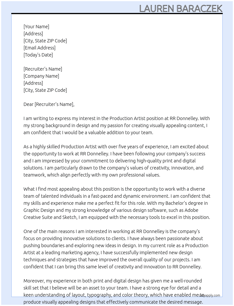 Production Artist At RR Donnelley Cover Letter