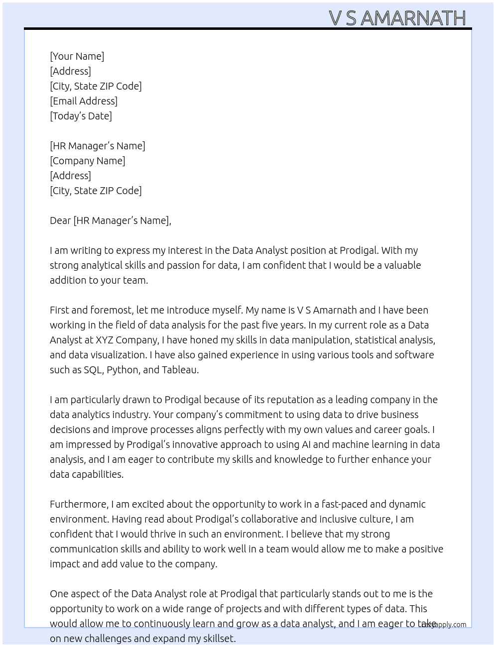 Data analyst  At Prodigal Cover Letter
