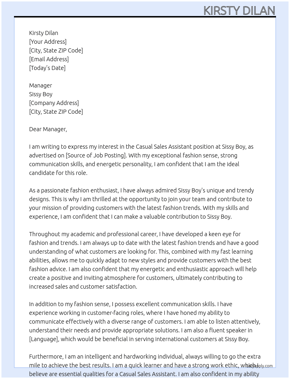 Casual Sales Assistant At Sissy Boy  Cover Letter