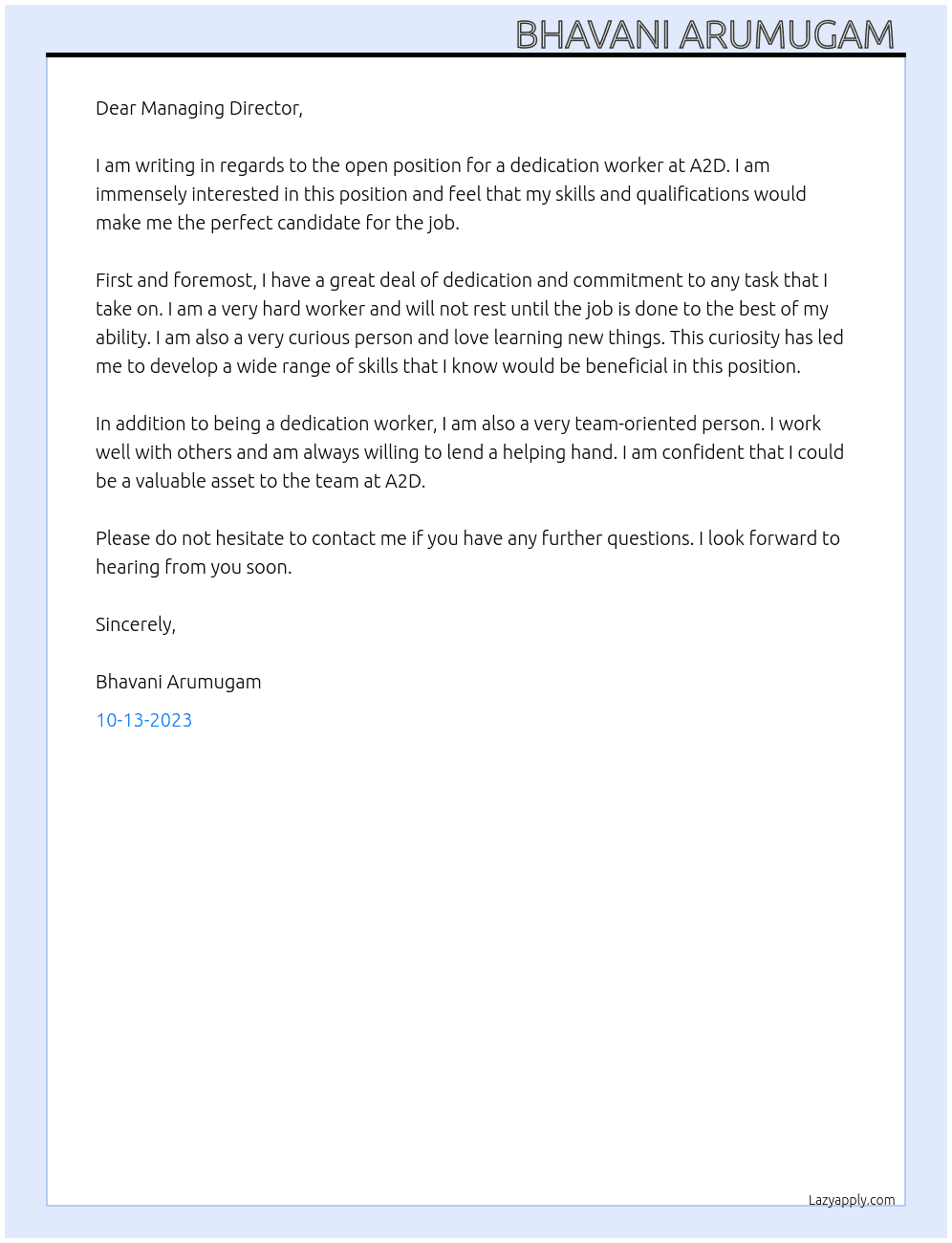 Dedication worker At A2D  Cover Letter