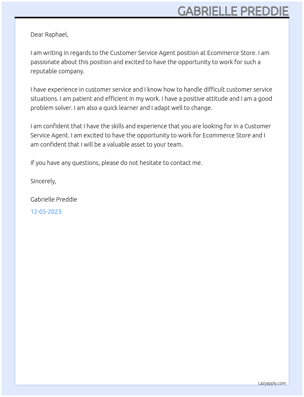 Customer Service Agent At Ecommerce Store Cover Letter