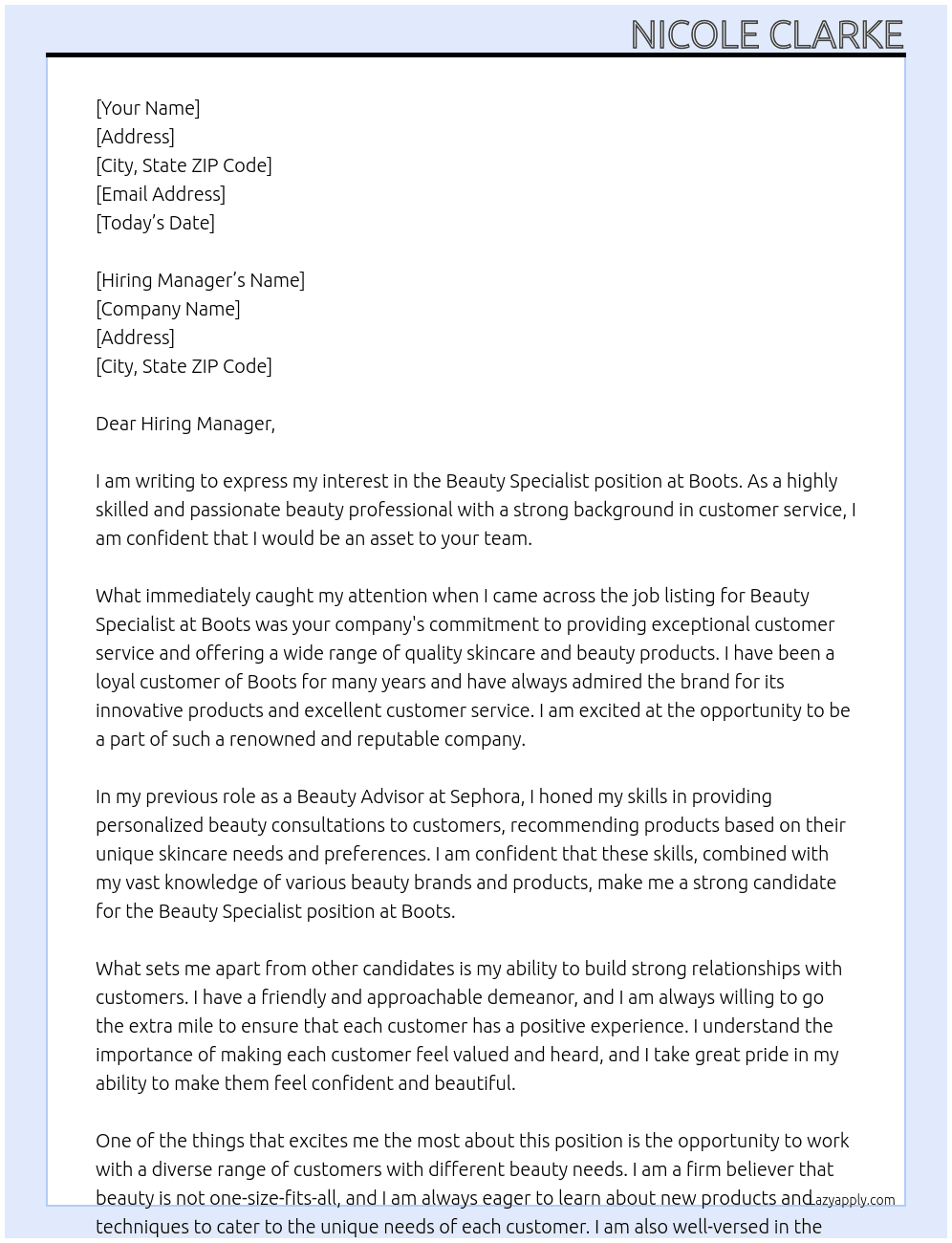 Beauty Specialist  At Boots Cover Letter
