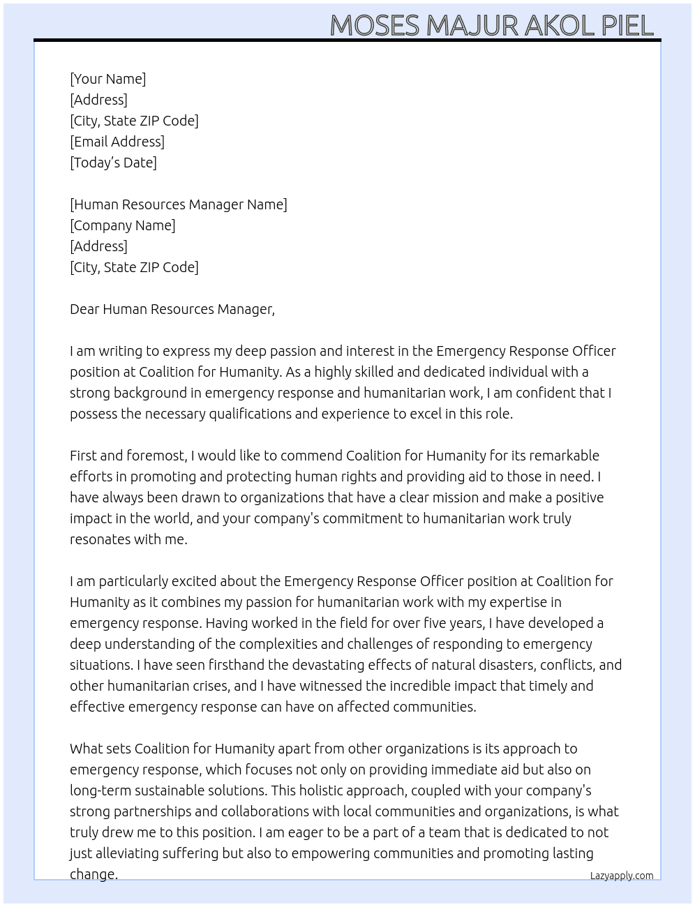 Emergency Response Officer in  At Coalition for Humanity  Cover Letter