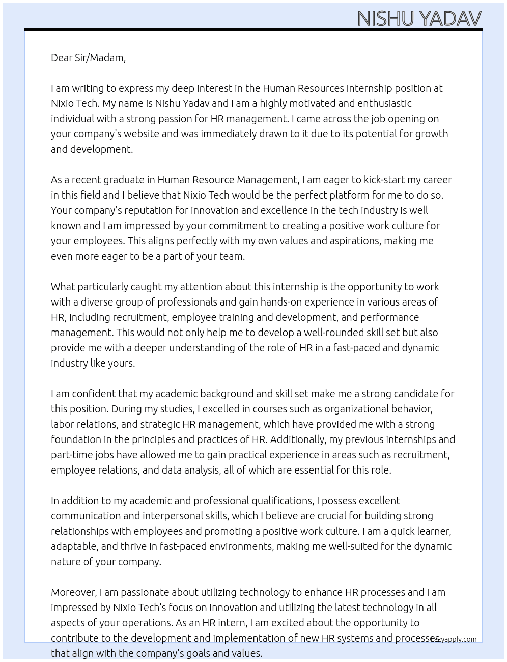 human resources internship At Nixio tech Cover Letter
