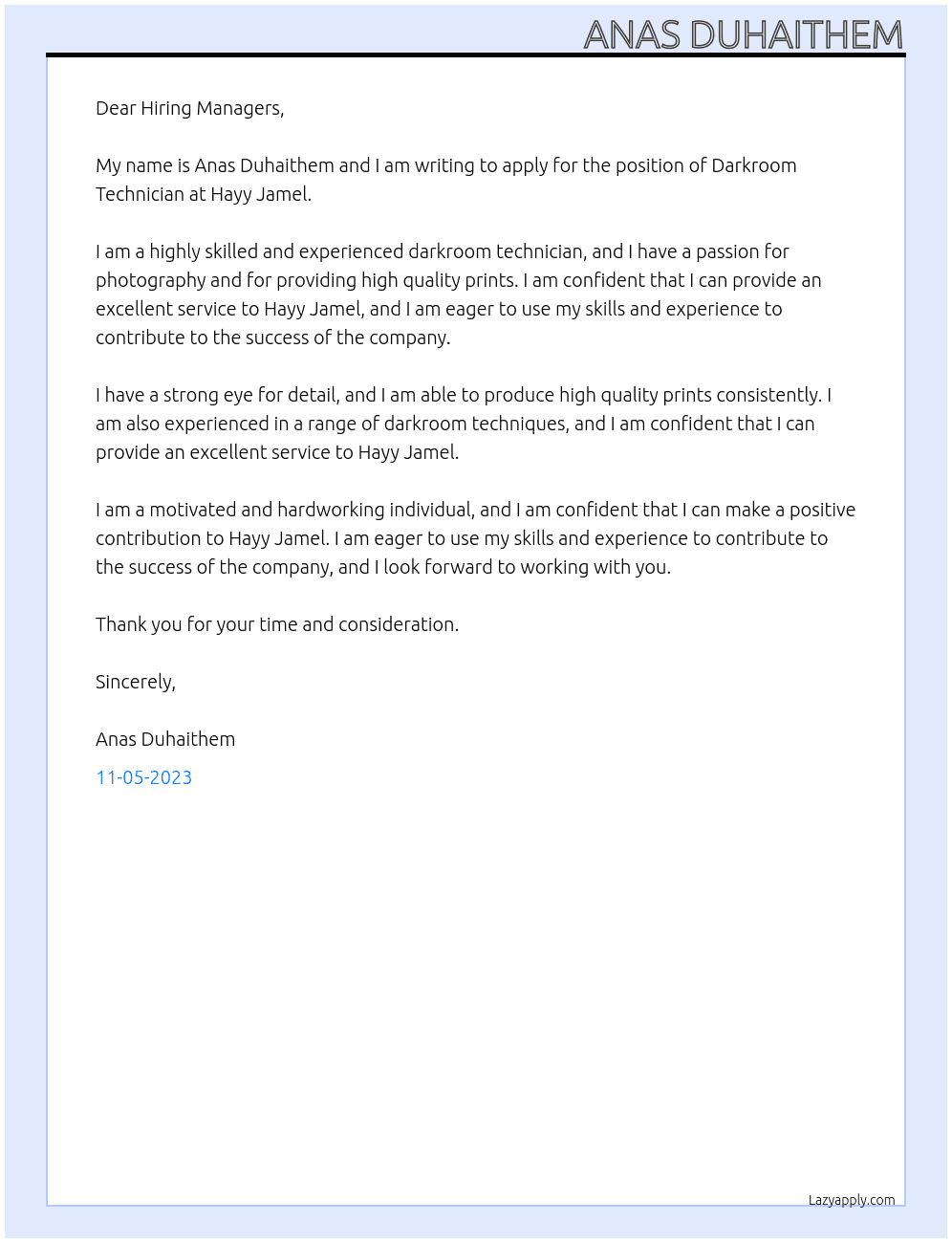 Darkroom Technician At Hayy Jamel Cover Letter