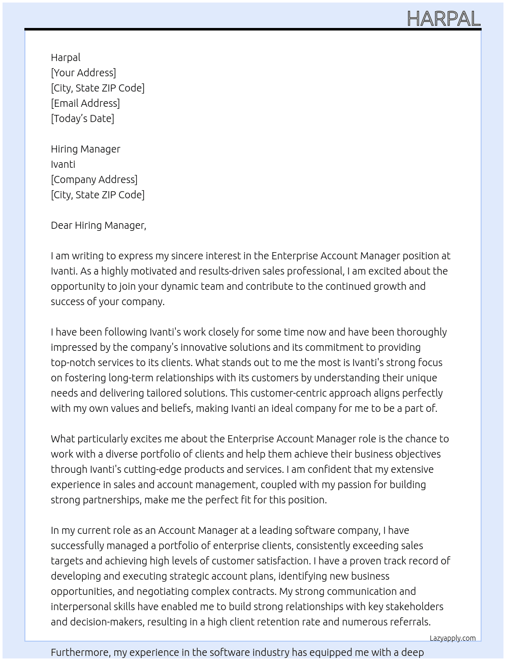 Enterprise Account Manager At Ivanti Cover Letter