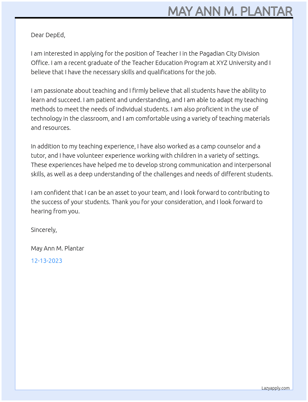 Teacher I At DepEd Cover Letter