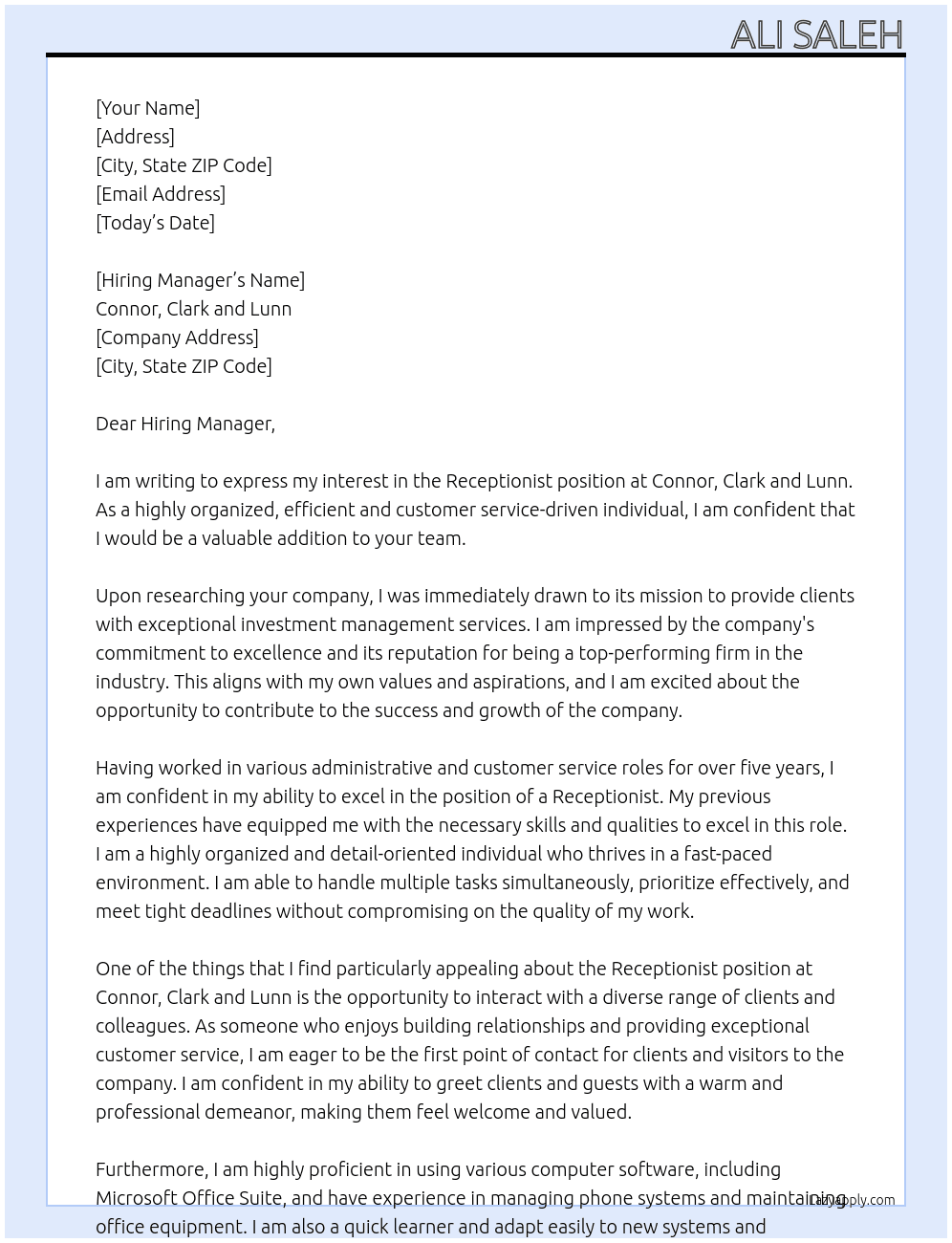 Receptionist At Connor, Clark and Lunn Cover Letter