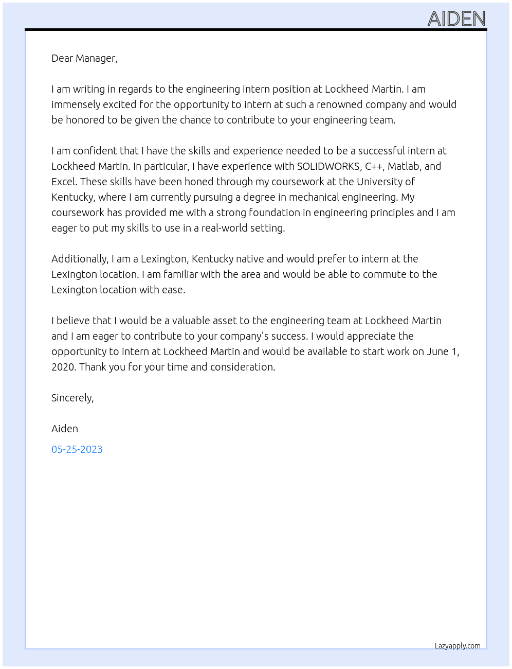Engineering Intern At Lockheed Martin Cover Letter