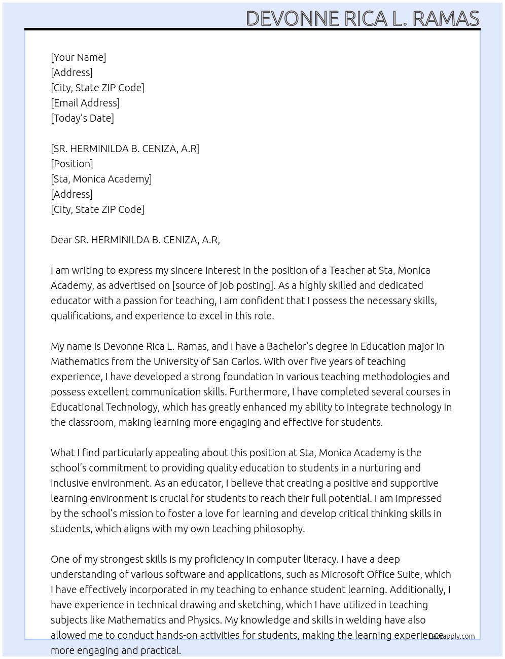 Teacher At  Sta, Monica Academy Cover Letter