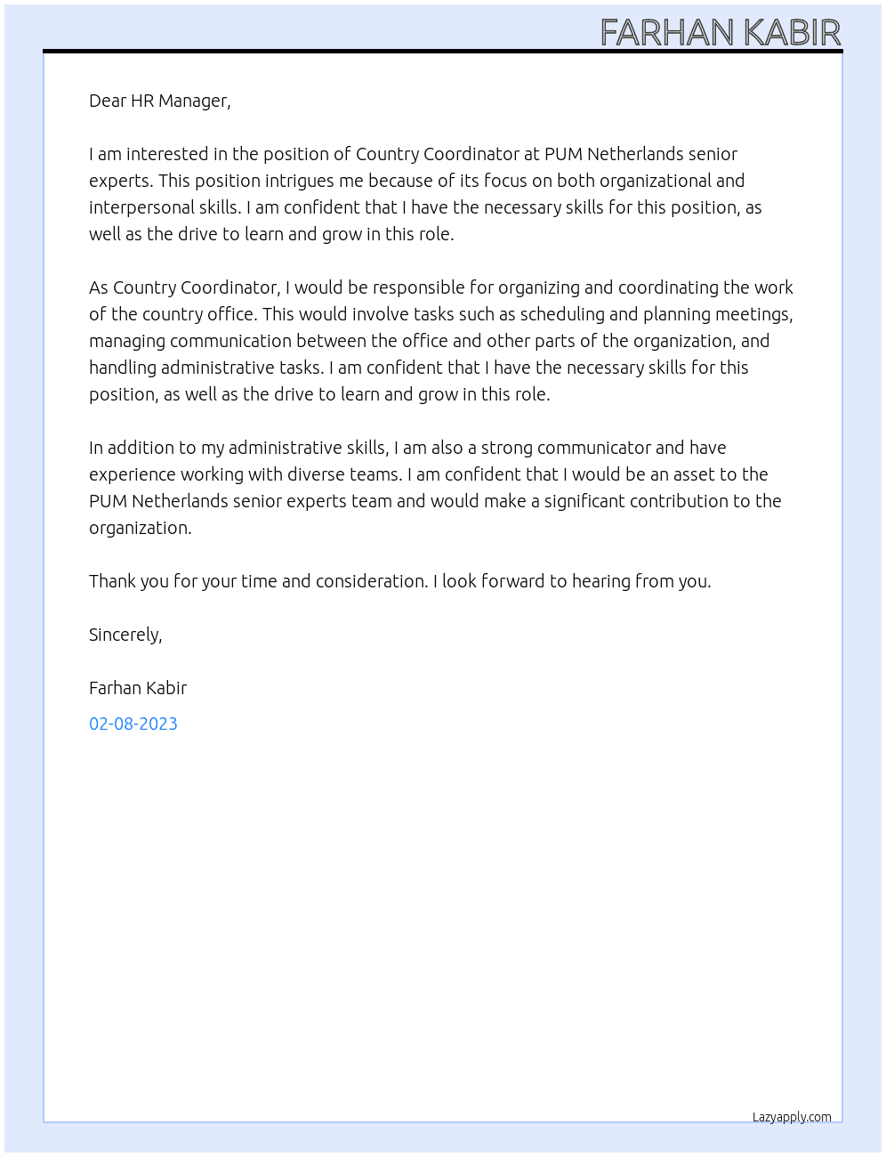 Country Coordinator At PUM Netherlands senior experts Cover Letter