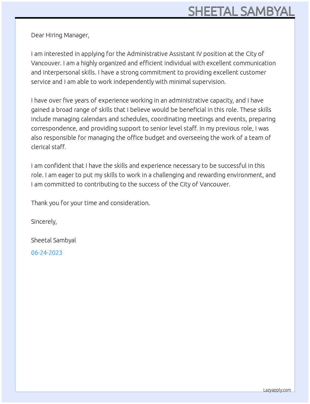 Administrative Assistant IV At CITY OF VANCOUVER Cover Letter
