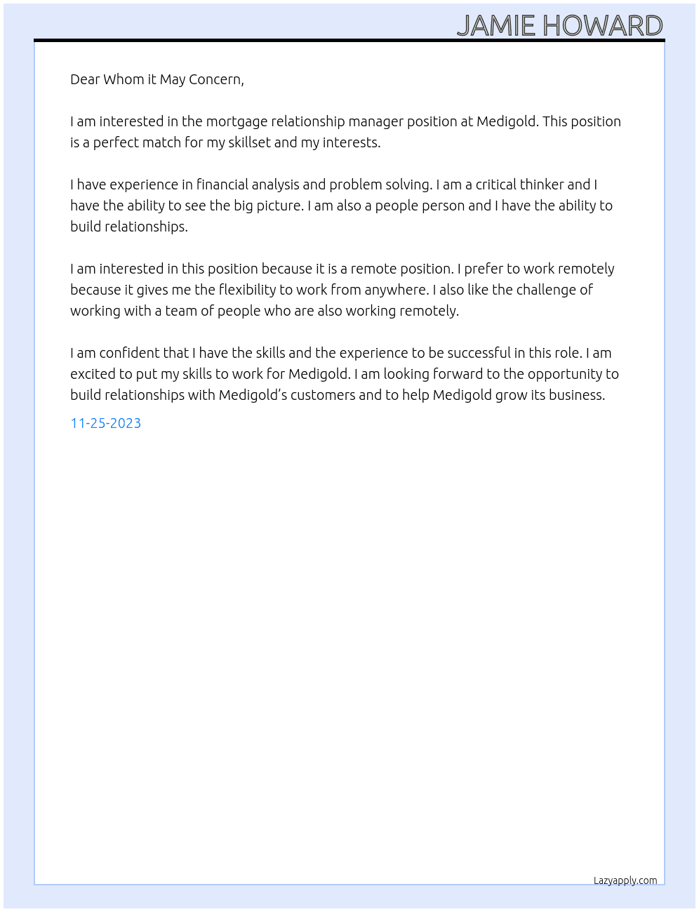 Mortgage relationship manager At Medigold Cover Letter