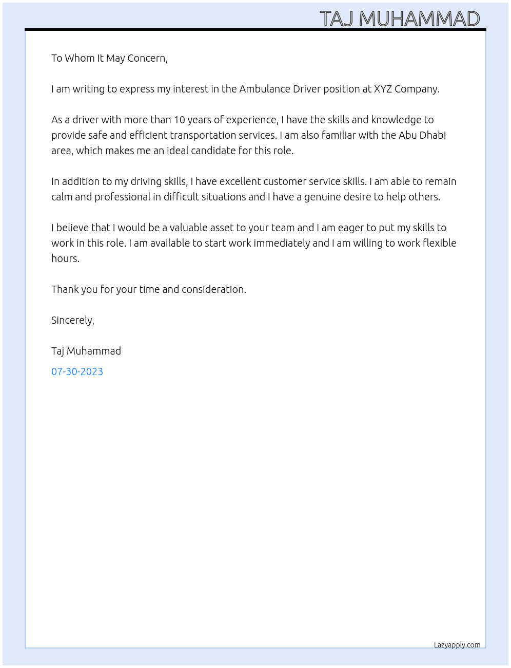 Driver  At Ambulance driver  Cover Letter