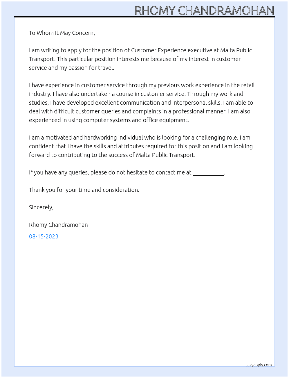 Customer Experience executive At Malta Public Transport Cover Letter