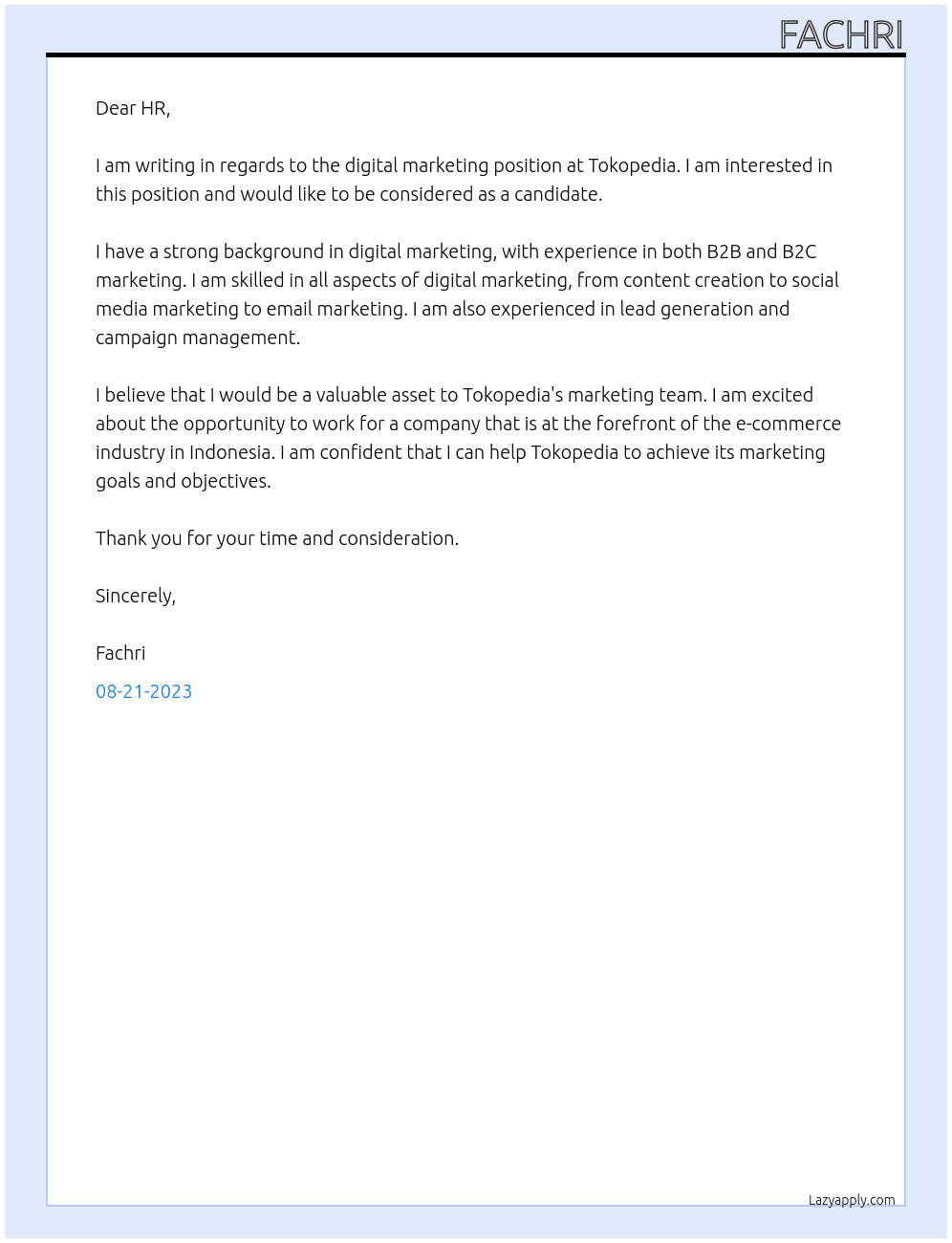 digital marketer At tokopedia Cover Letter