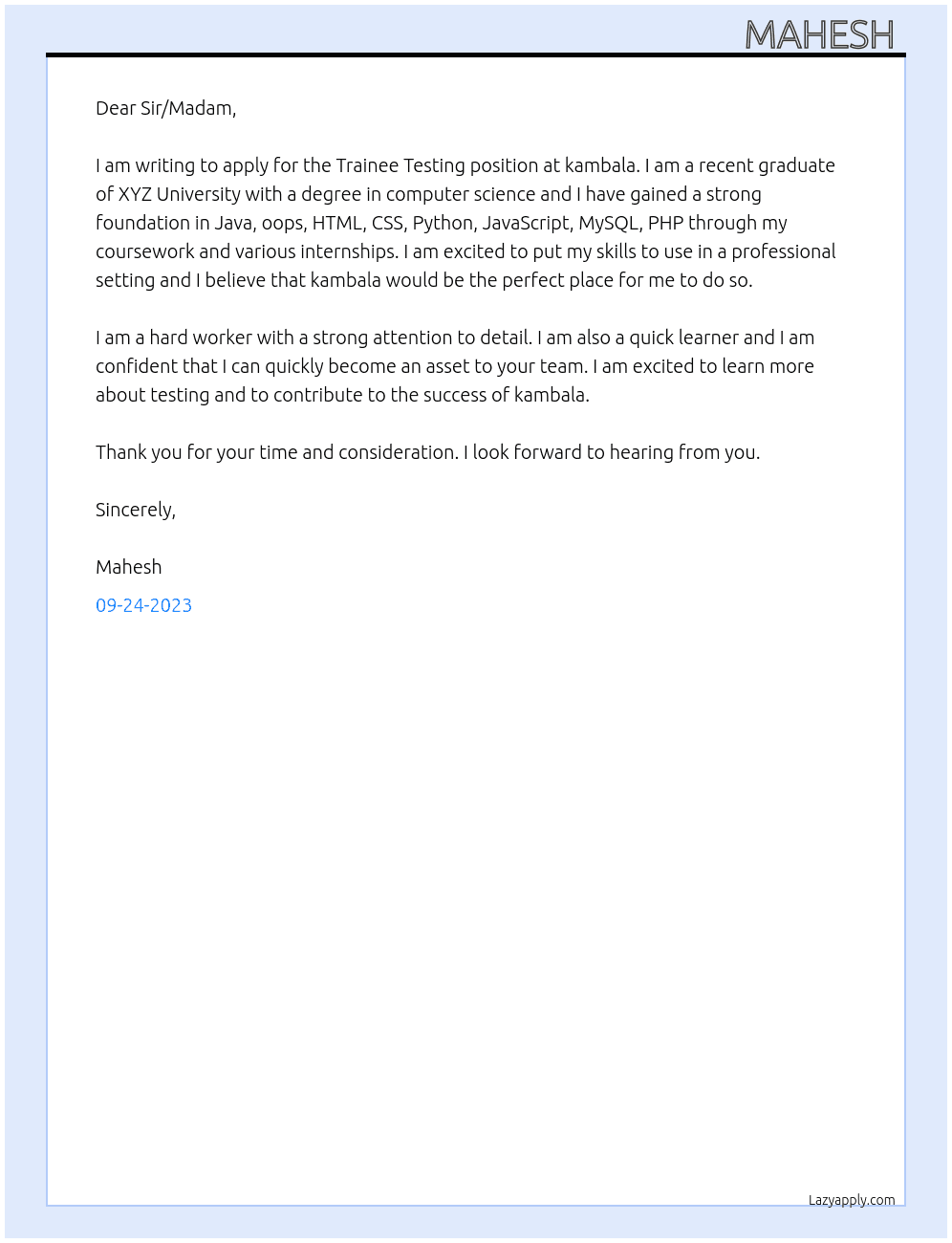 Trainee Testing At kambala Cover Letter