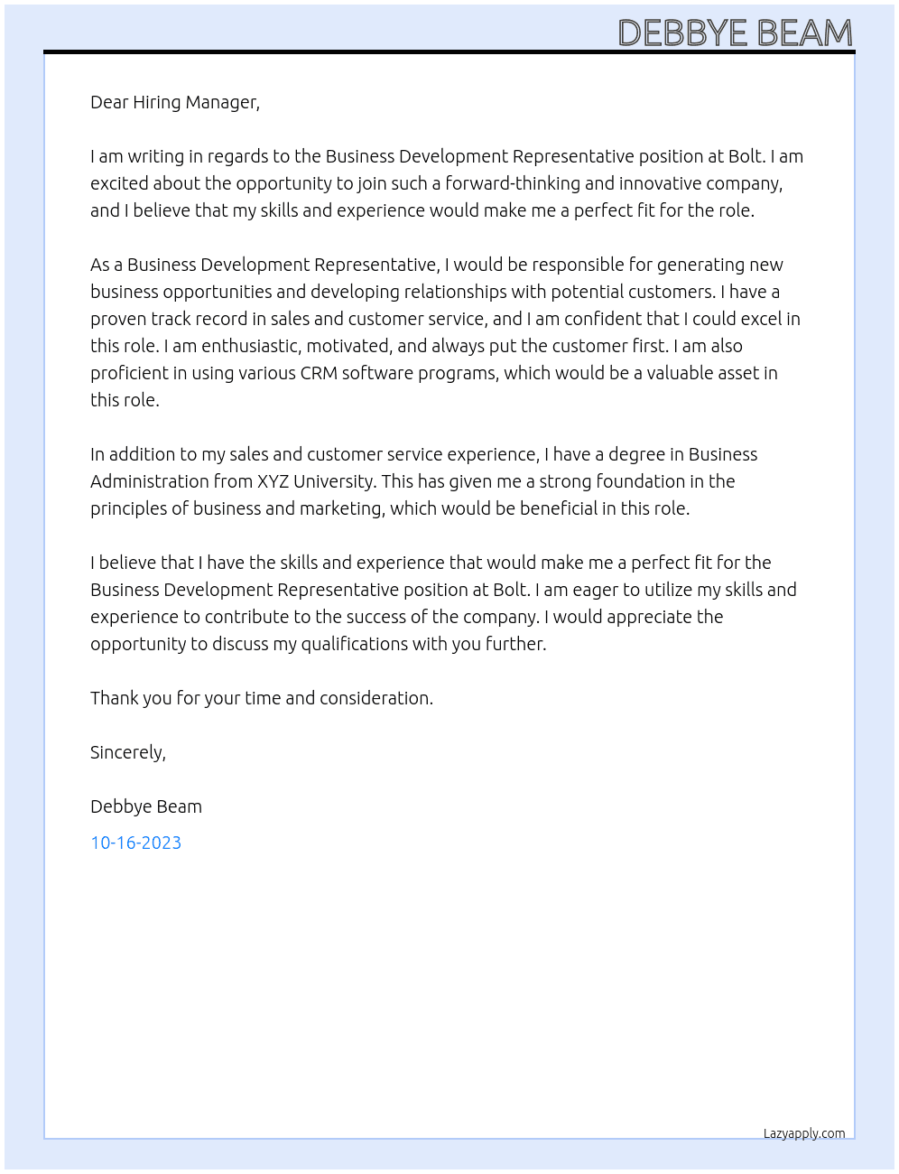 Business Development Representative At Bolt Cover Letter