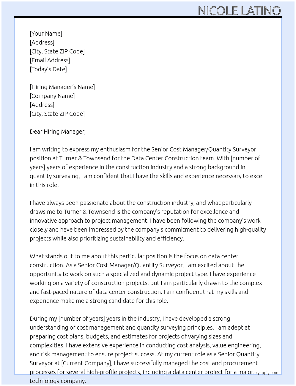Senior Cost Manager / Quantity Surveyor - Data Center Construction At Turner & Townsend Cover Letter