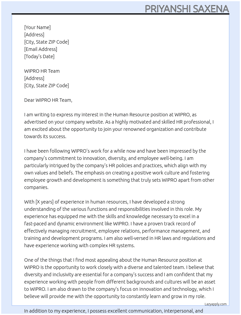 human resource At WIPRO Cover Letter