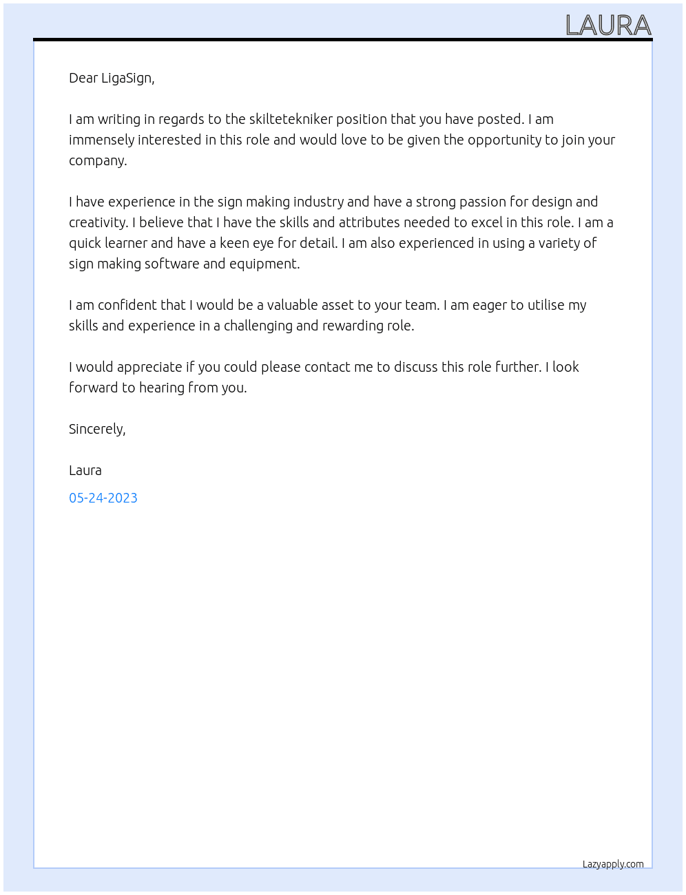 Skiltetekniker At LigaSign Cover Letter