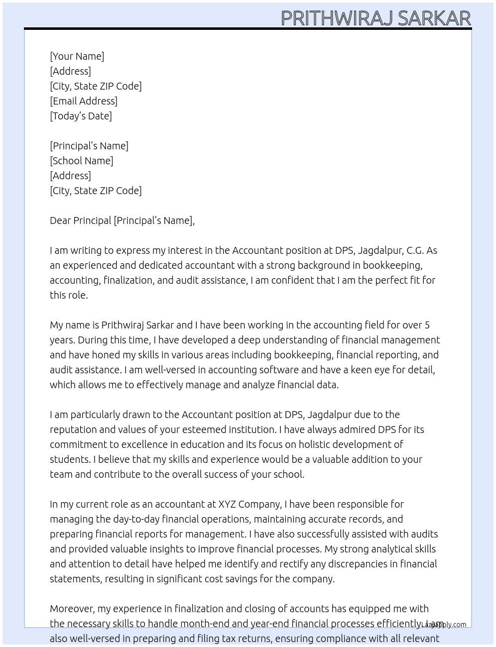 Accountant At DPS, Jagdalpur, C.G Cover Letter