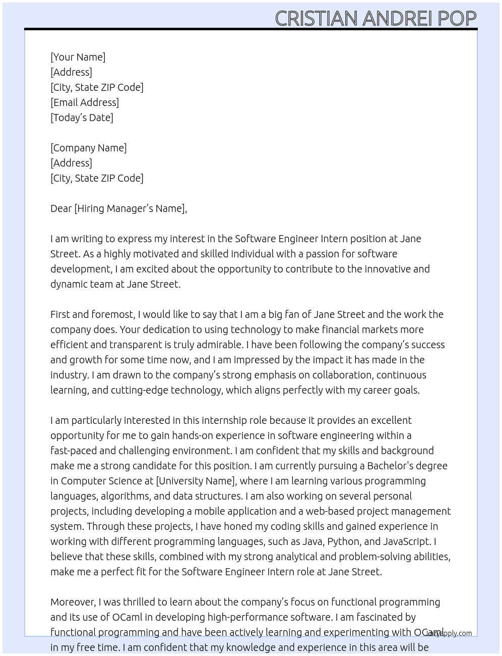 Software Engineer Intern At Jane Street Cover Letter