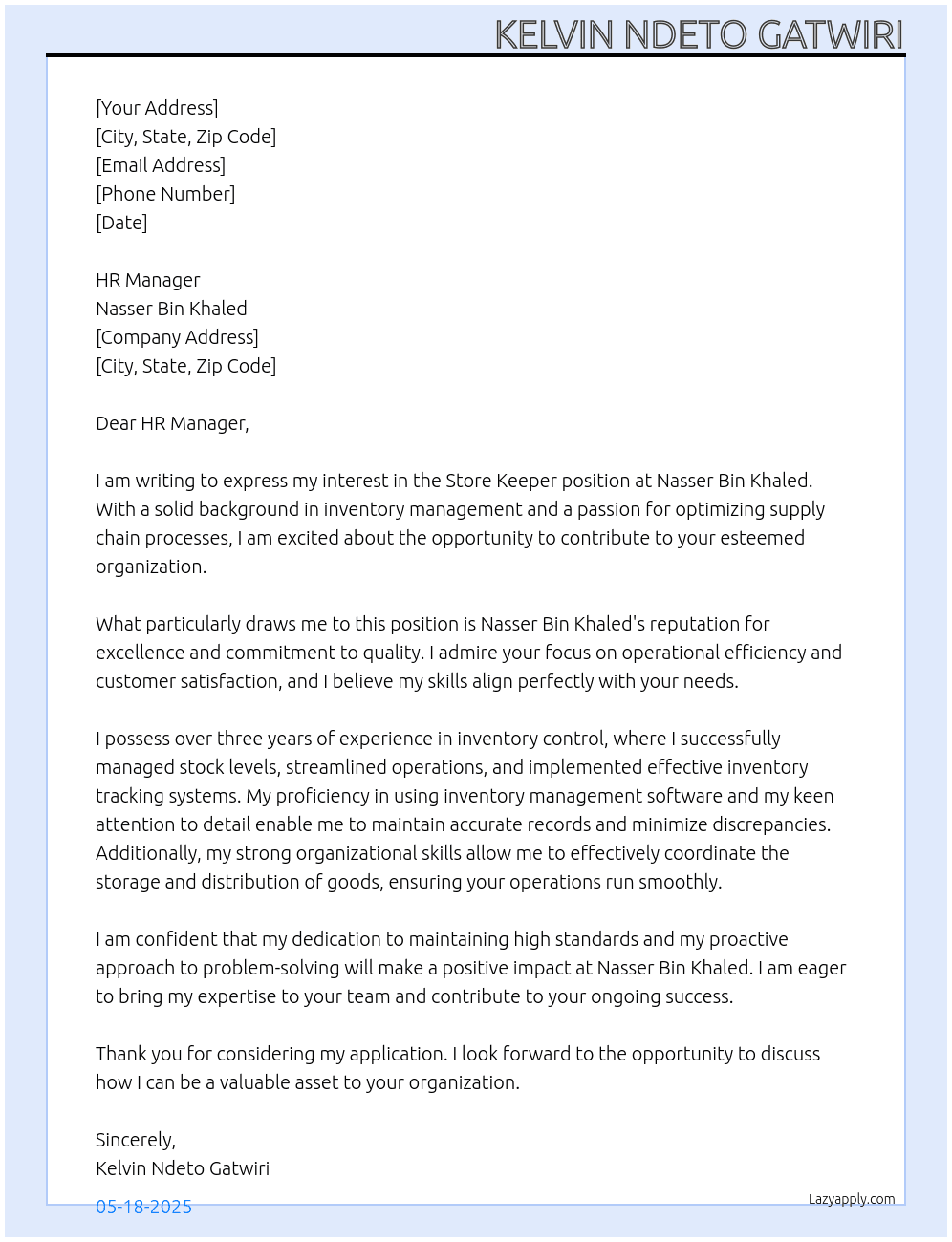 STORE KEEPER At NASSER BIN KHALED Cover Letter
