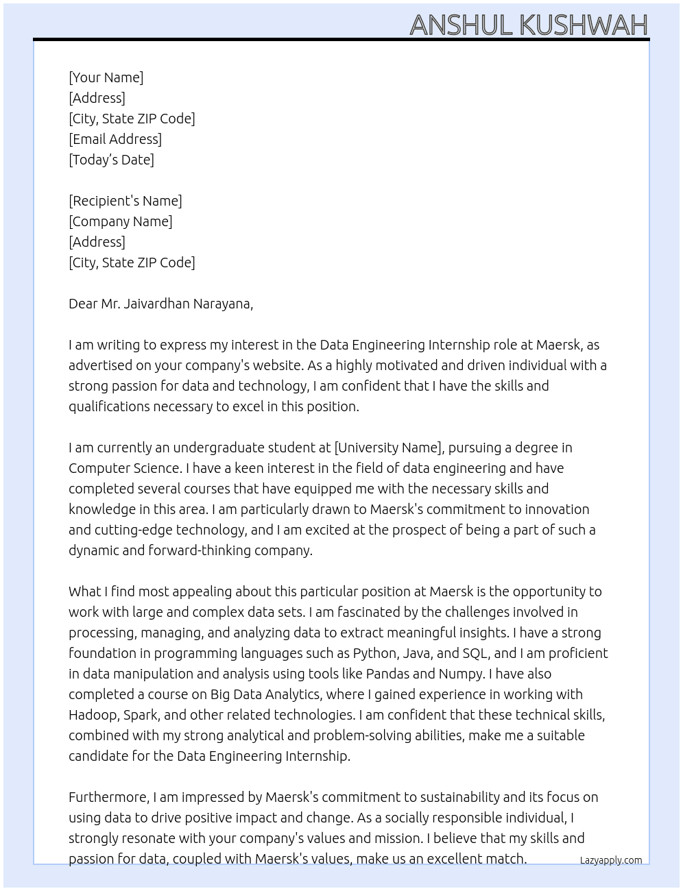 Data engineering  At Maersk Cover Letter