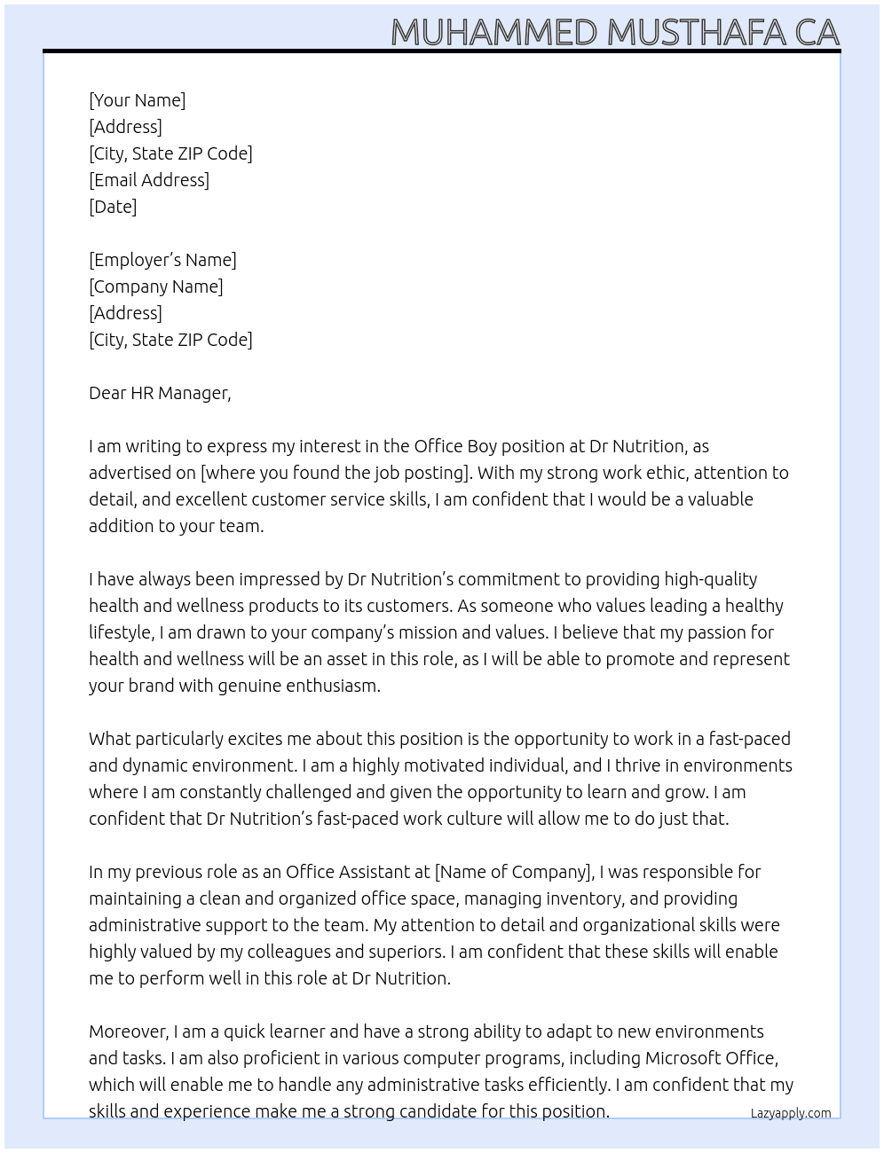 Office boy At Dr Nutrition  Cover Letter