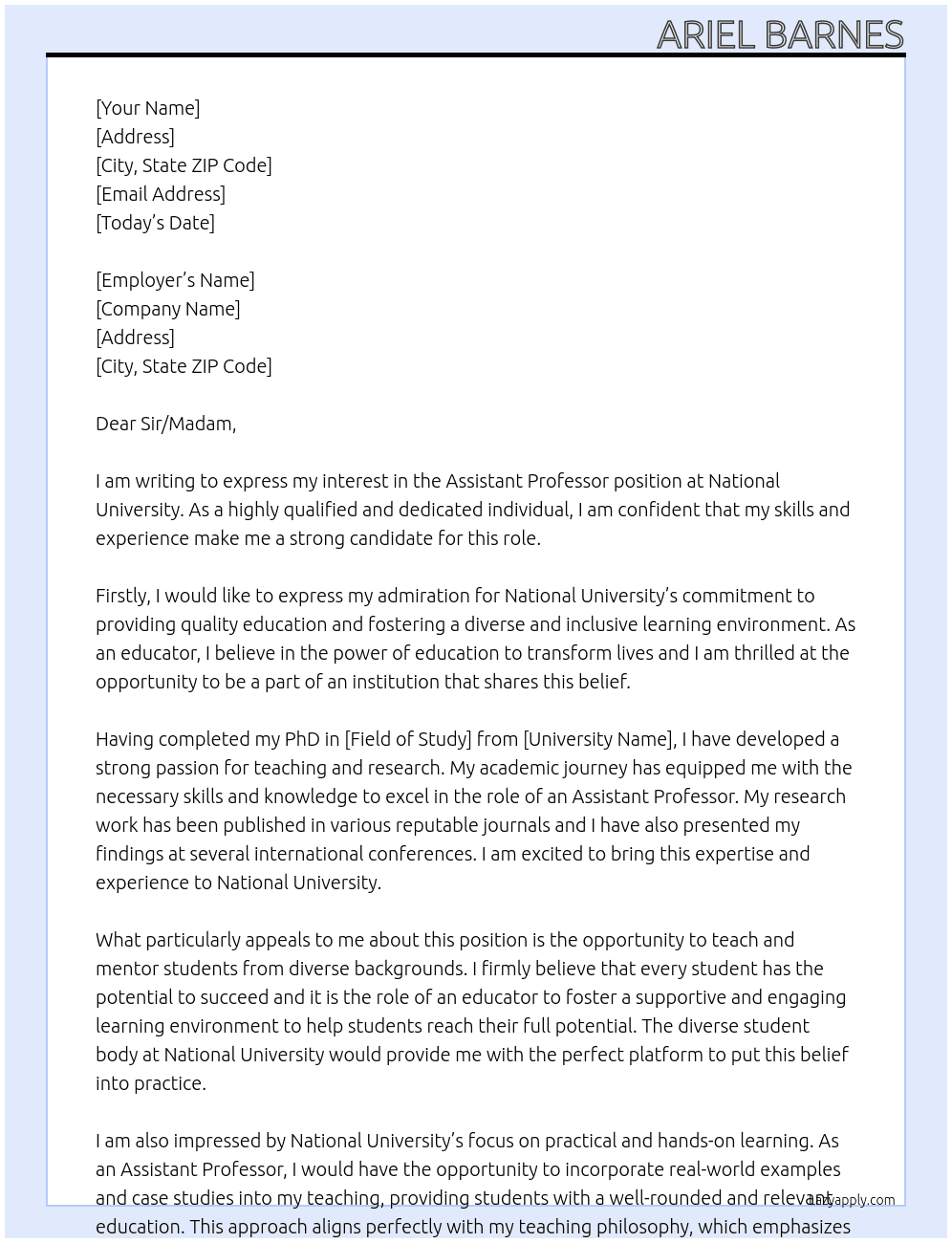 Assistant Professor At National University Cover Letter